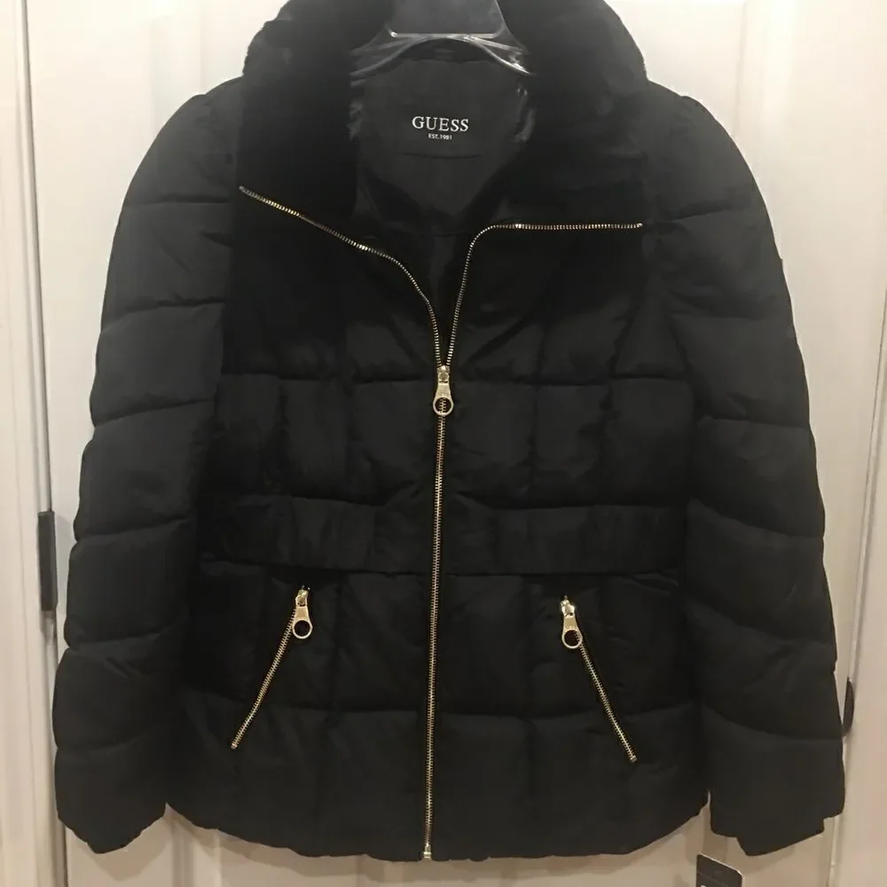 Guess medium black faux fur trim jacket puffer coat winter